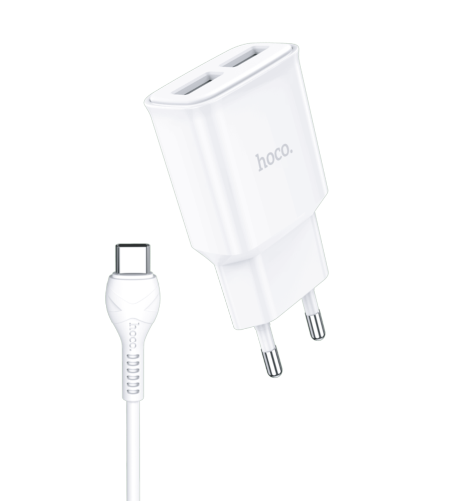 Hoco A&B Çift Usb Girişli Ev Şarj Aleti+Şarj Kablo Type-C Beyaz